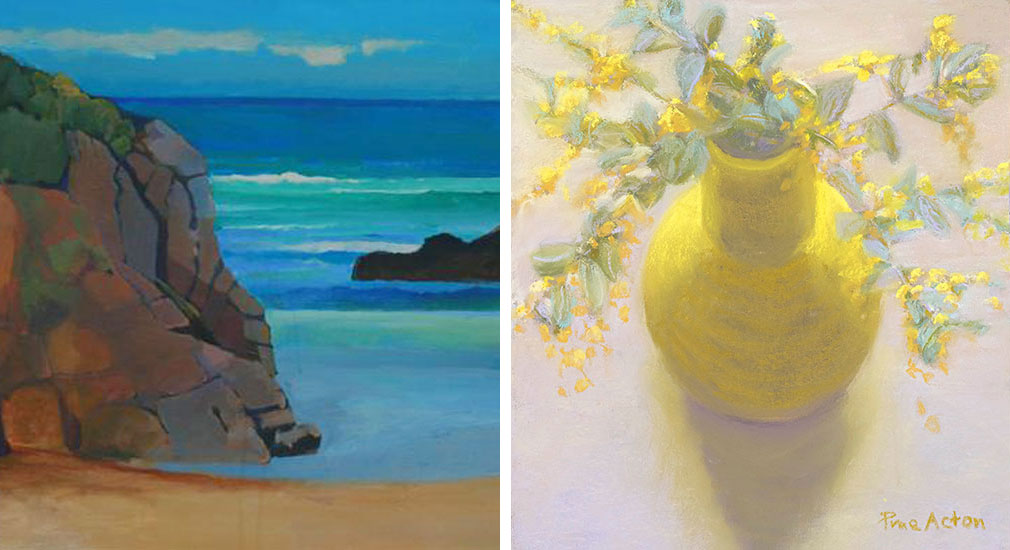 Wine Glass Cove by Merv Moriarty and Wattle #1 painting by Prue Acton